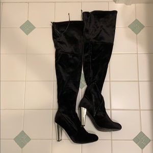 Velvet Thigh-High Boots with Mirror Heels